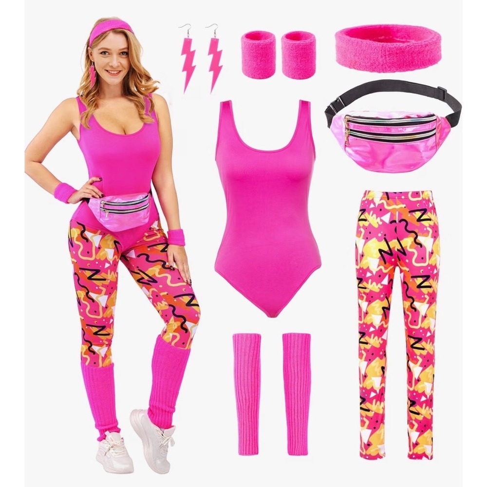 Spooktacular Creations Womens 80s Workout Costume Set Pink XL New Aerobics Retro